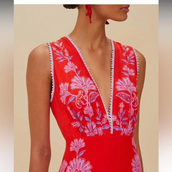 Farm Rio Red Porcelain Garden Linen Midi Dress. XL.